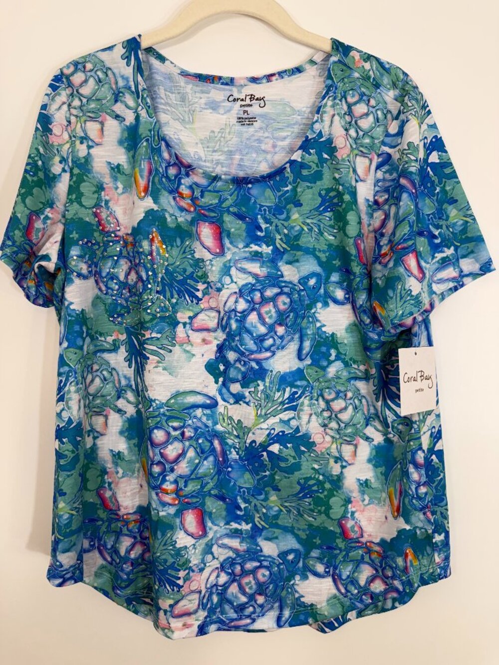 New! Coral Bay Blouse Womens PETITE Large Tropical Theme Blue Sparkle Pullover